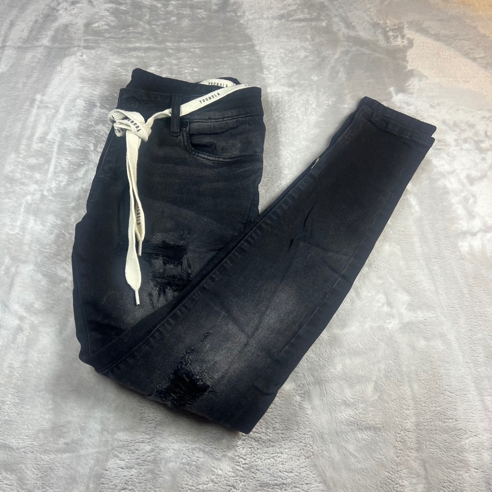 YoungLA Mens 32x32 Distressed Skinny Jeans Black Ripped Ankle Zip Drawstring